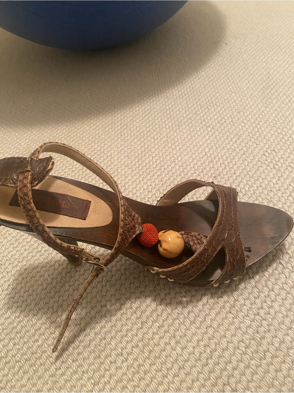 Kenzo Brown Braided Leather Heel Sandal with Color Beads